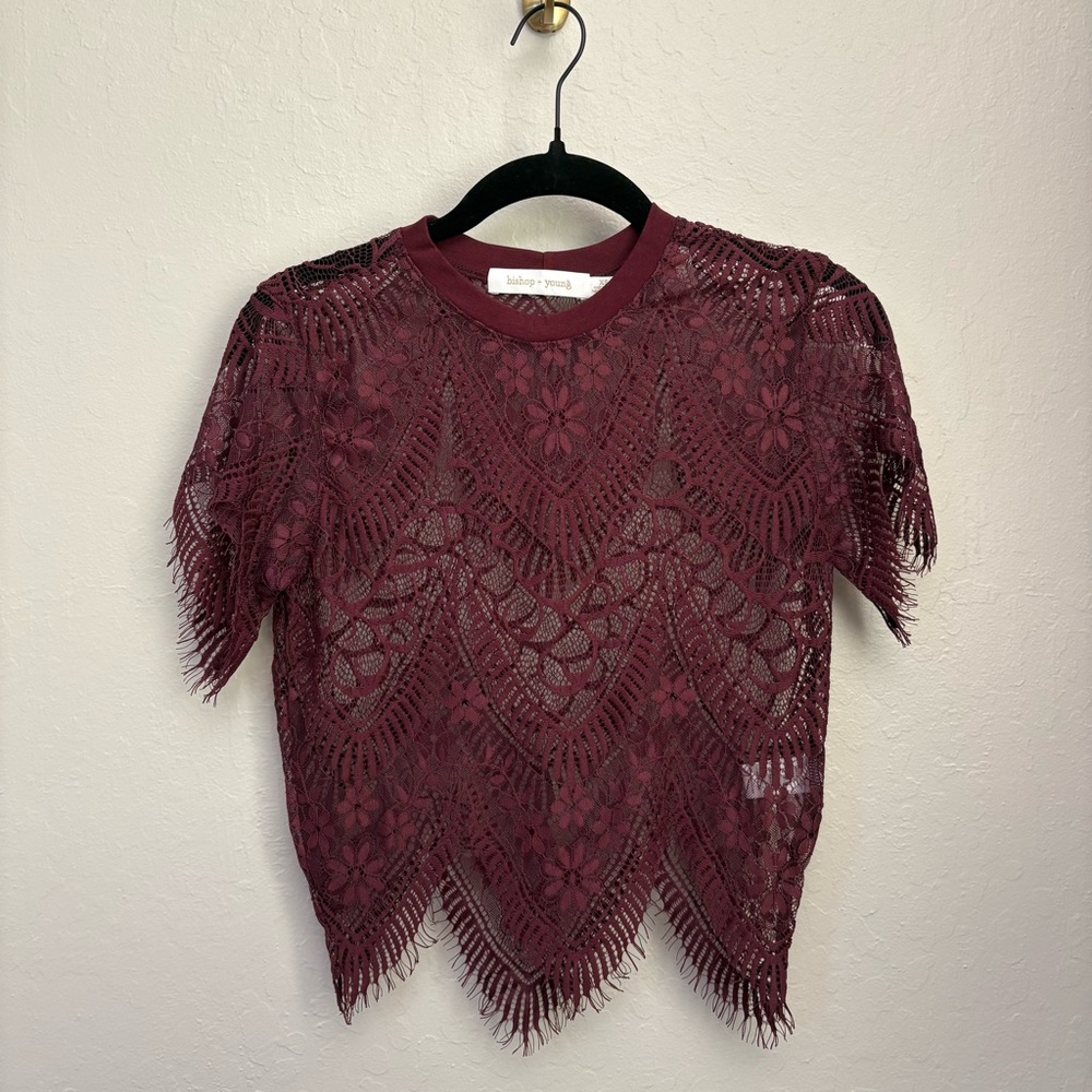 Bishop + Young Deep burgundy wine Red Lace Crop Top scalloped blouse